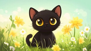 黑猫坐于繁花绿草间