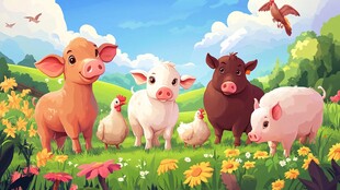 田园小猪与小鸡的欢乐场景