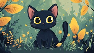 黑猫置身秋日花草间