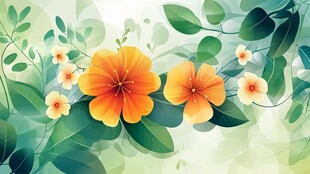 橙花绿叶清新自然插画