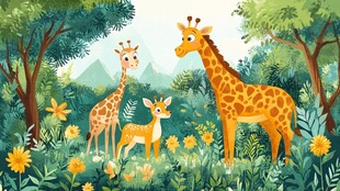 森林中长颈鹿与小鹿的相聚