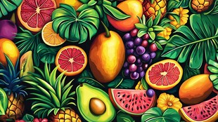 缤纷水果与繁茂绿叶插画