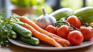 新鲜多彩蔬菜摆放在盘中