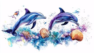 水彩绘海豚与海洋元素
