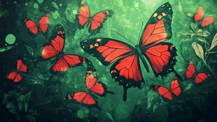 红蝶飞舞于绿意盎然之境