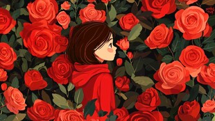 少女置身红玫瑰花海中