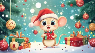 戴帽小鼠的圣诞欢乐场景