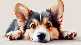 趴着的可爱三色柯基犬