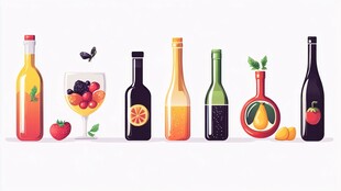 缤纷酒瓶与鲜果插画