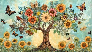 梦幻花卉树与飞舞蝴蝶