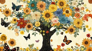 繁花蝴蝶树插画艺术作品