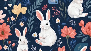 兔子与花卉的梦幻图案