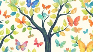 多彩蝴蝶绕树的梦幻图景