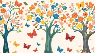 缤纷花树间的蝴蝶飞舞