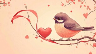 小鸟栖枝伴红心与繁花