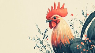 公鸡插画 花卉环绕的家禽形象