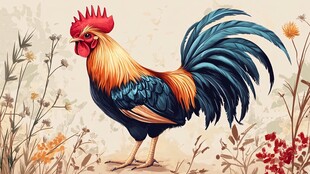 五彩斑斓公鸡的田园之景