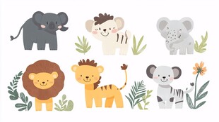 可爱动物与绿植插画集合