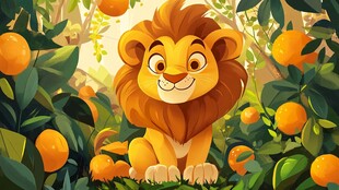 狮子置身于橙子树的欢乐场景