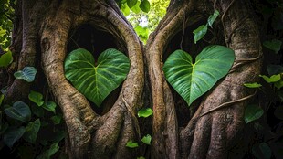 心形树根与绿叶的自然奇观