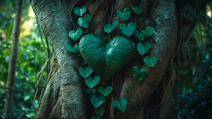 树干上的心形绿叶景观