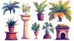 多样盆栽植物插画展示