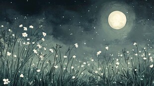 月夜下的烂漫花草世界