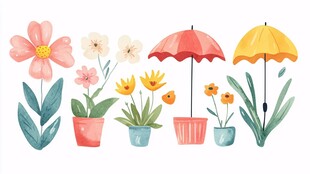 花朵与雨伞的清新插画