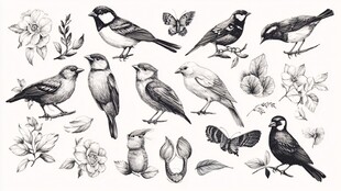 手绘鸟类花卉插画集合