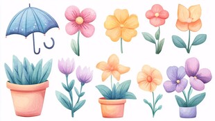 水彩风花卉盆栽与雨伞图