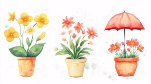 水彩风盆栽花卉与遮阳伞