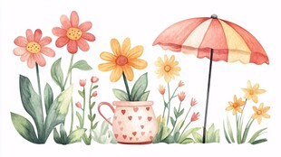 手绘夏日花卉与遮阳伞
