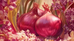 两紫洋葱置身繁花之中