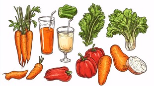 新鲜蔬菜与果蔬汁插画