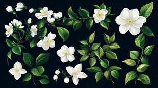 白色茉莉花绿叶插画元素