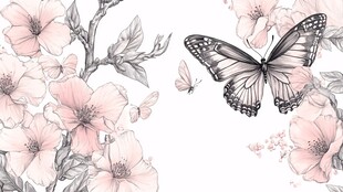 粉色花卉与蝴蝶唯美插画