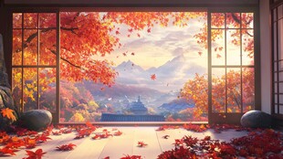 秋日窗边美景 红叶满室