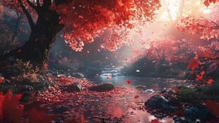 秋日溪边红枫梦幻美景