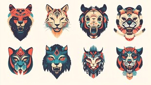多彩手绘风动物头像集合