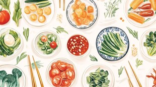 中式菜肴与新鲜蔬菜插画