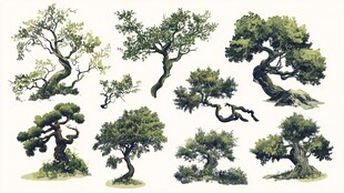 多样盆景树艺术插画