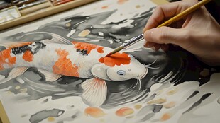 手绘锦鲤作画瞬间