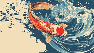 锦鲤畅游于汹涌浪花中