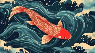 锦鲤游弋于汹涌海浪间