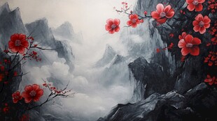 红梅傲雪立 山川云雾间