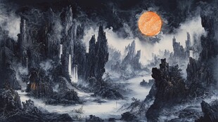 奇幻暗黑风格的月光山水景