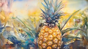 水彩画中的金黄菠萝