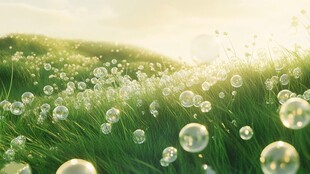 阳光下草地中的梦幻泡泡