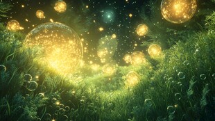 梦幻绿野中的发光泡泡