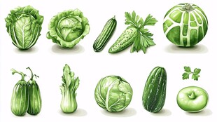 绿色蔬菜与水果插画集合